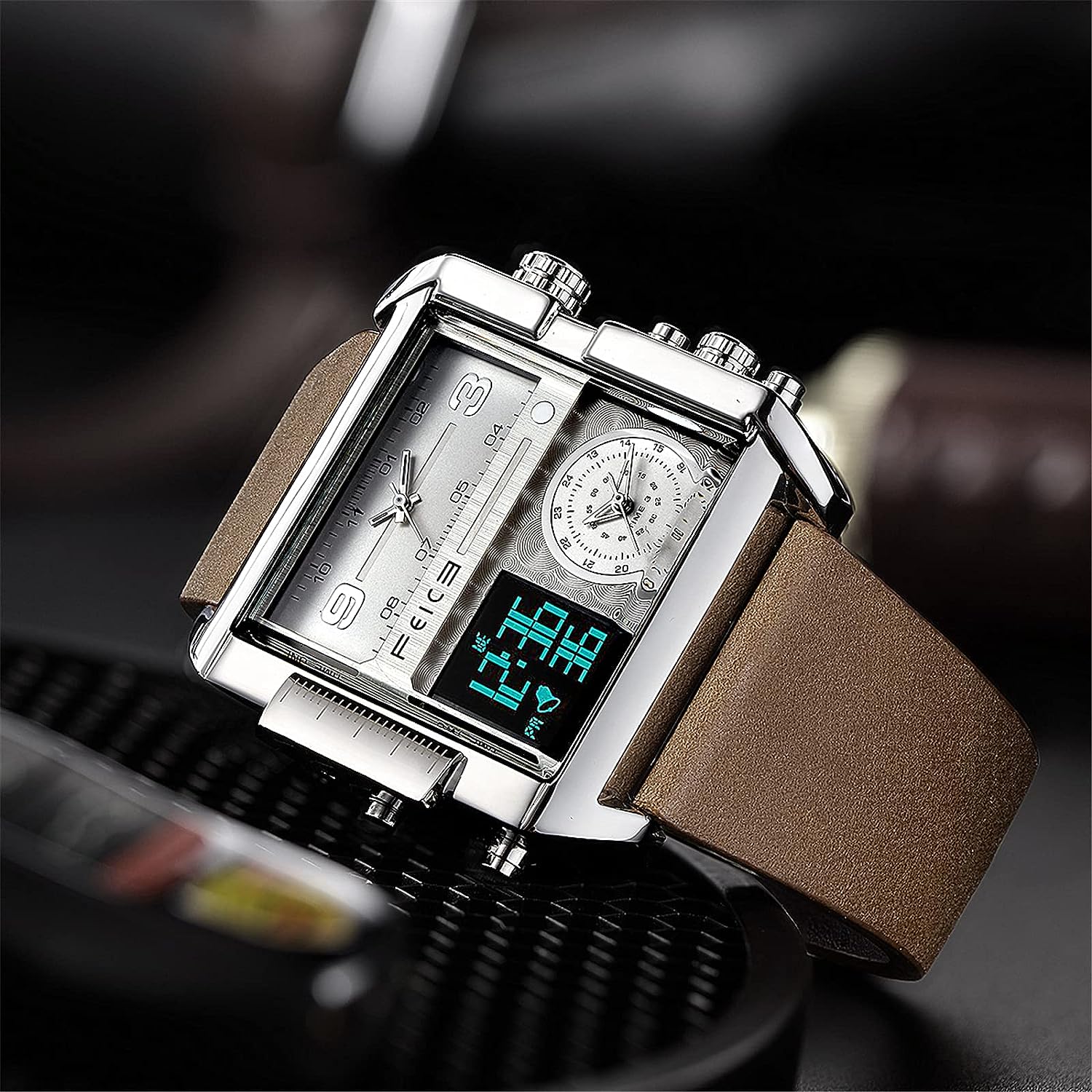 FEICE Wathes for Men Digital LED Analog Quartz Wristwatch Business Men’s Watch Multifunction Square Chronograph 24H Calendar Leather Band Unique FK030