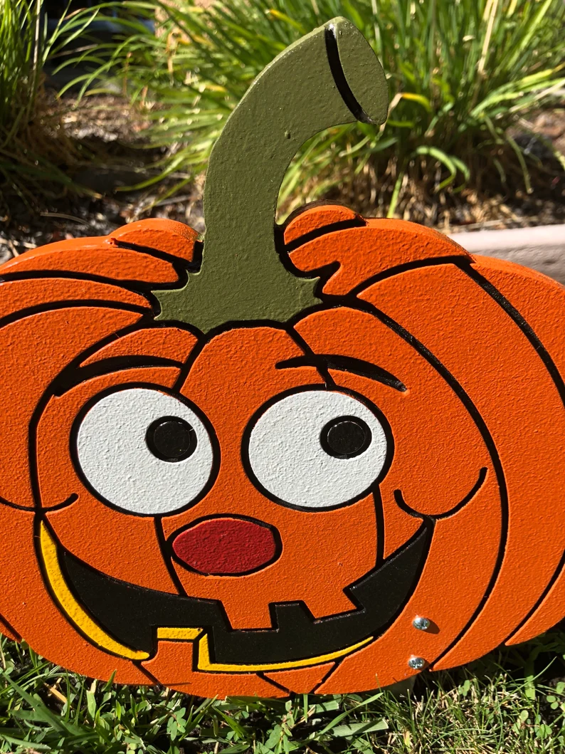 Halloween Jack O' Lantern Engraved Wood Pumpkin Yard Art