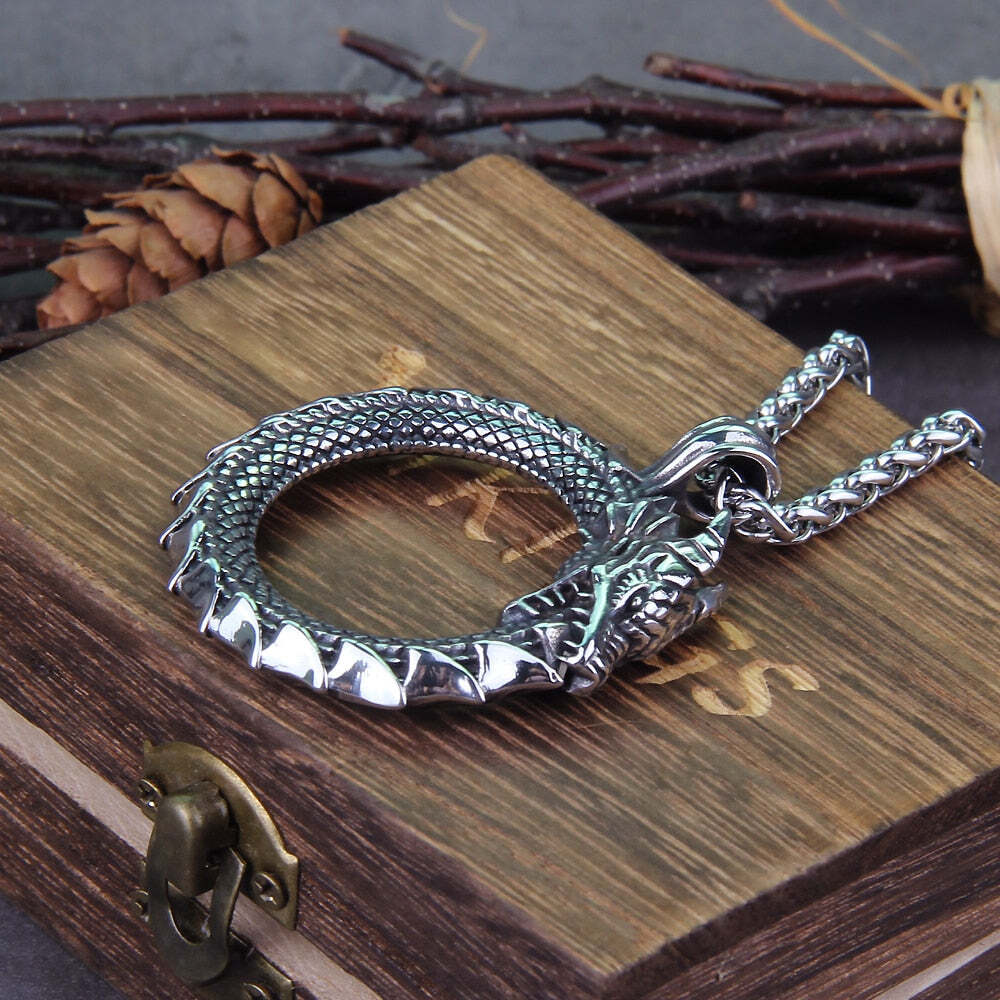 Stainless Steel Viking Ouroboros Amulet Dragon Necklace With Vikings Wooden Box