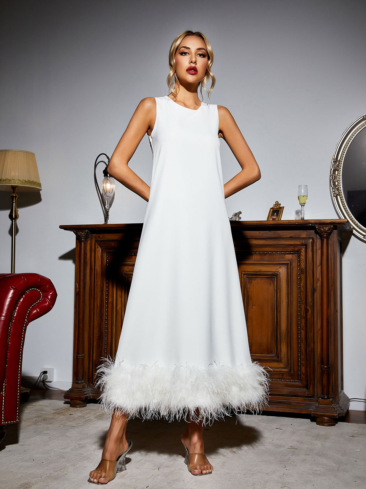 Nisha Feather Midi Dress In White