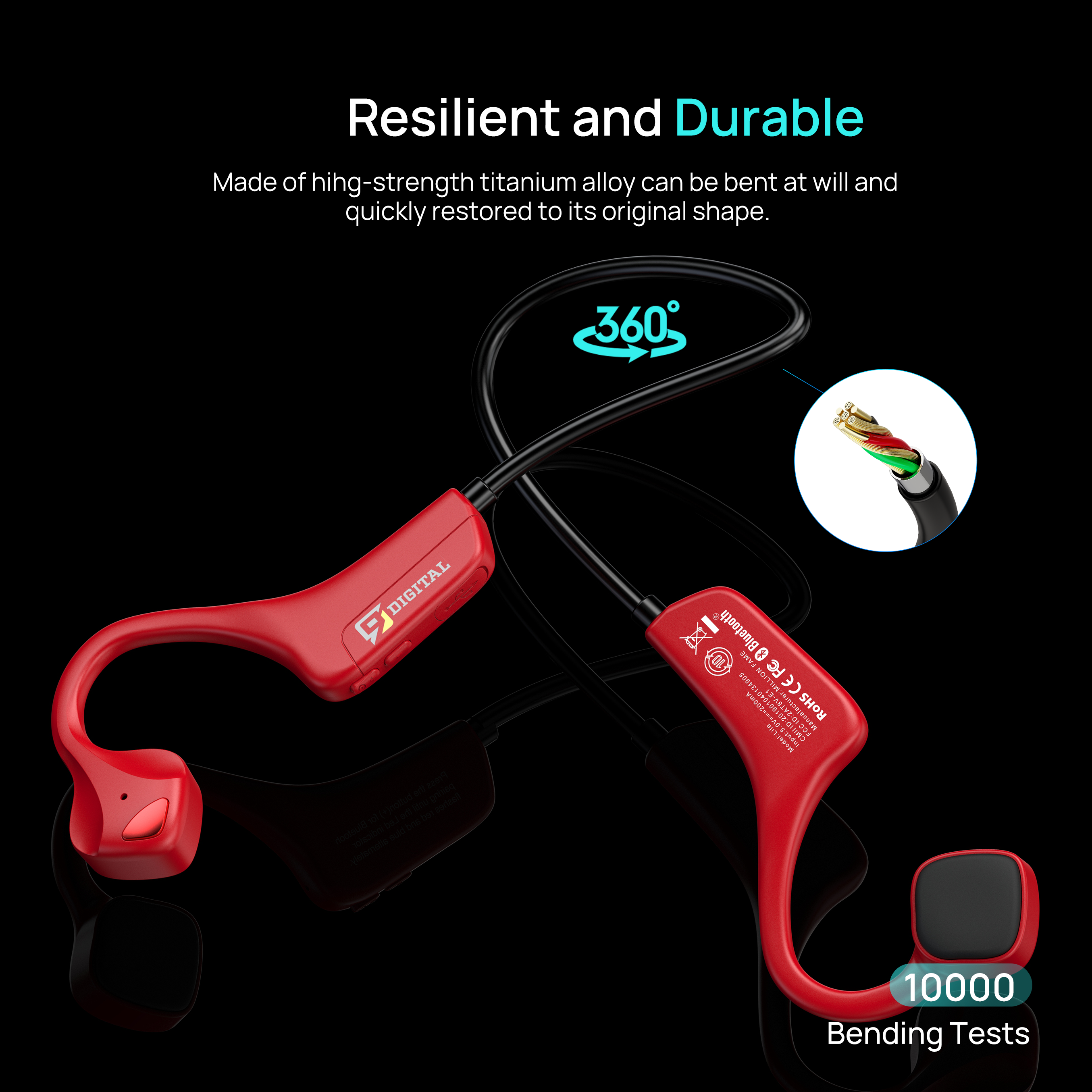 Bone Conduction Headphones with Noise Reduction Tech, 9 Digital N1 Open Ear Headphones with MIC, Jawbone Headphones Bluetooth 5.0 Sport Headset Sweatproof for Running, Bicycling, Hiking, Yoga -Red
