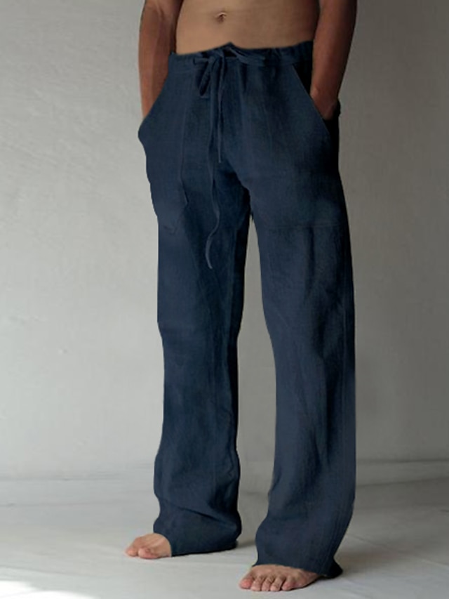 Men's cotton linen drawstring pants with pockets - Mangmercy