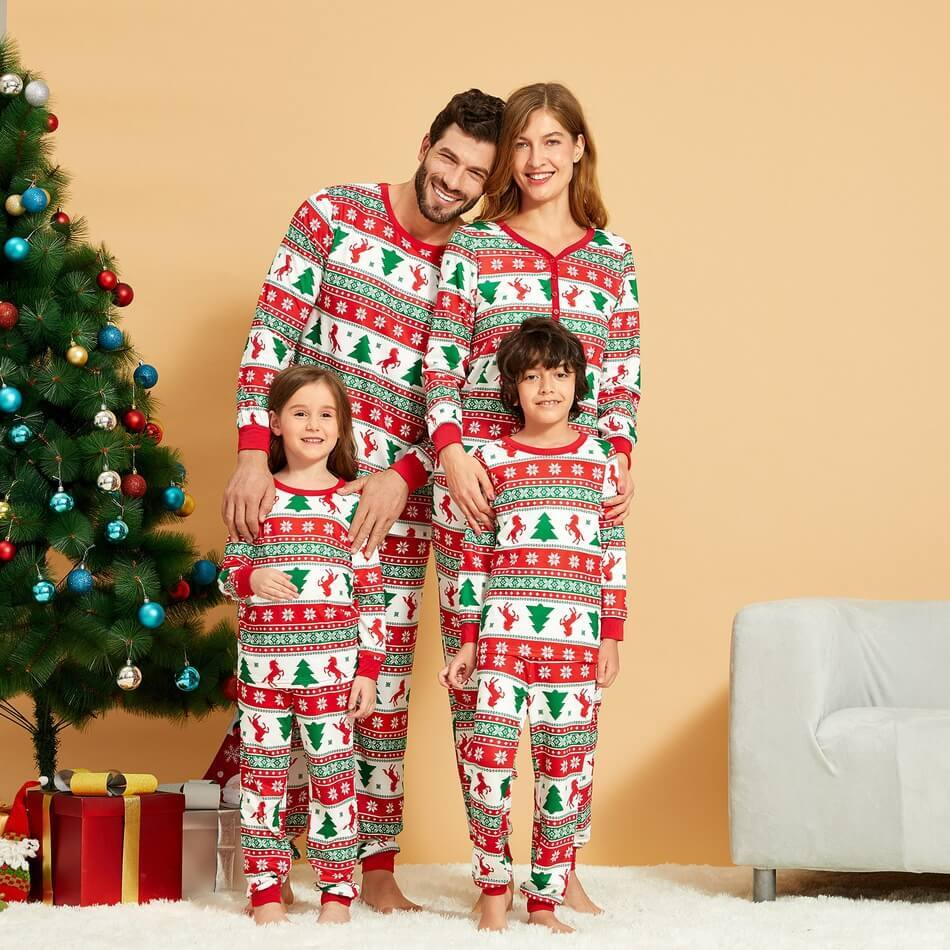 Christmas Reindeer and Snowflake Patterned Hooded Family Matching Onesie Pajamas