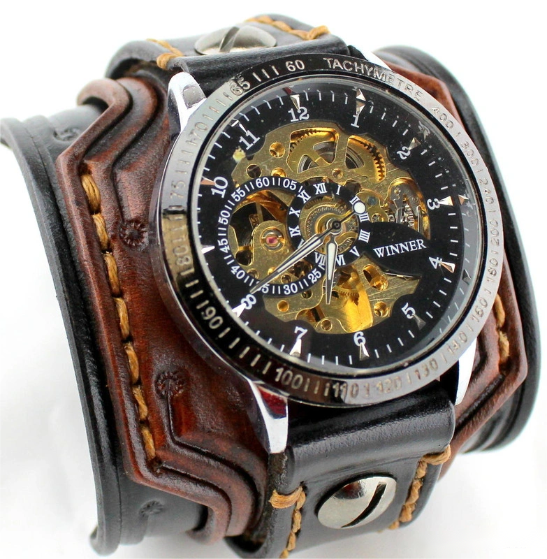 Black And Brown Men's Leather Watch Band With Steampunk Watch Face