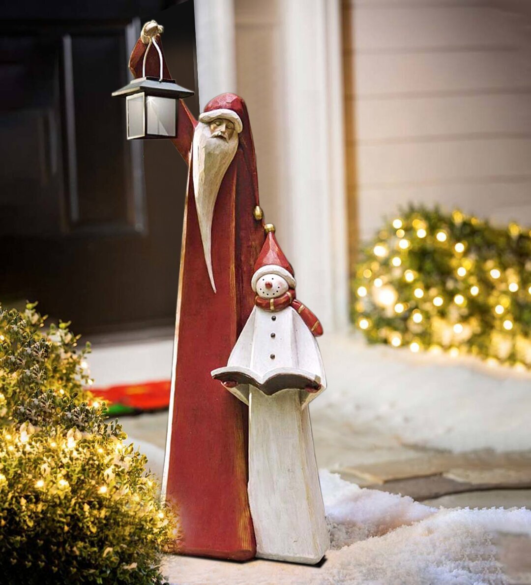 Santa And Snowman Sculpture With Solar Lantern