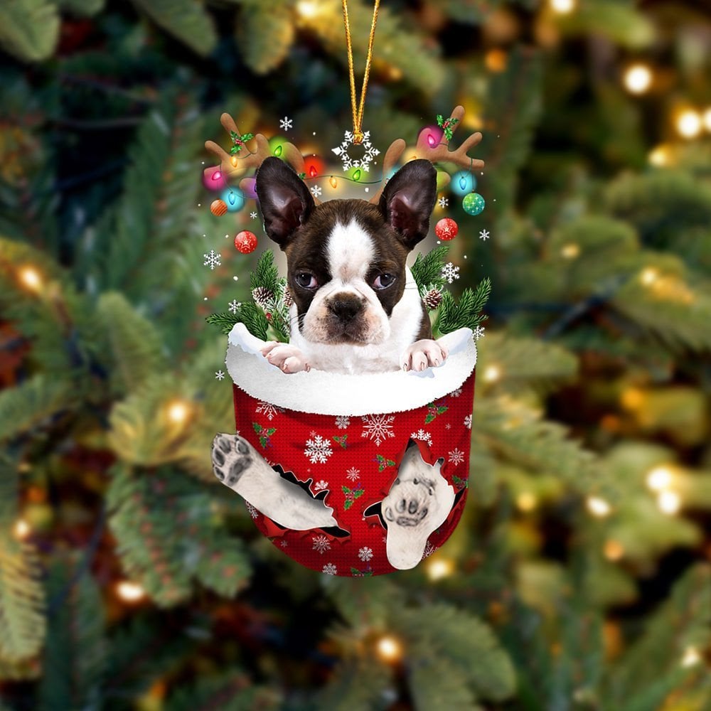 BRINDLE Boston Terrier In Snow Pocket Ornament