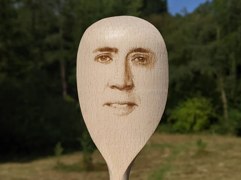 Nicolas Cage Features on Wooden Spoon