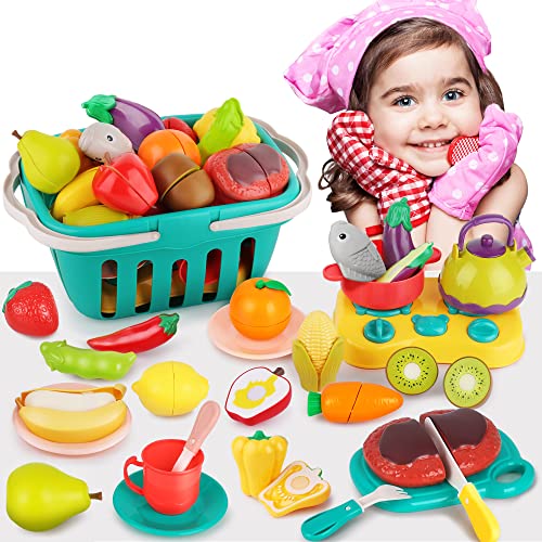 Cutting Play Food Toy for Kids Kitchen Set,Pretend Cooking Fruit &Vegetables&Fast Food
