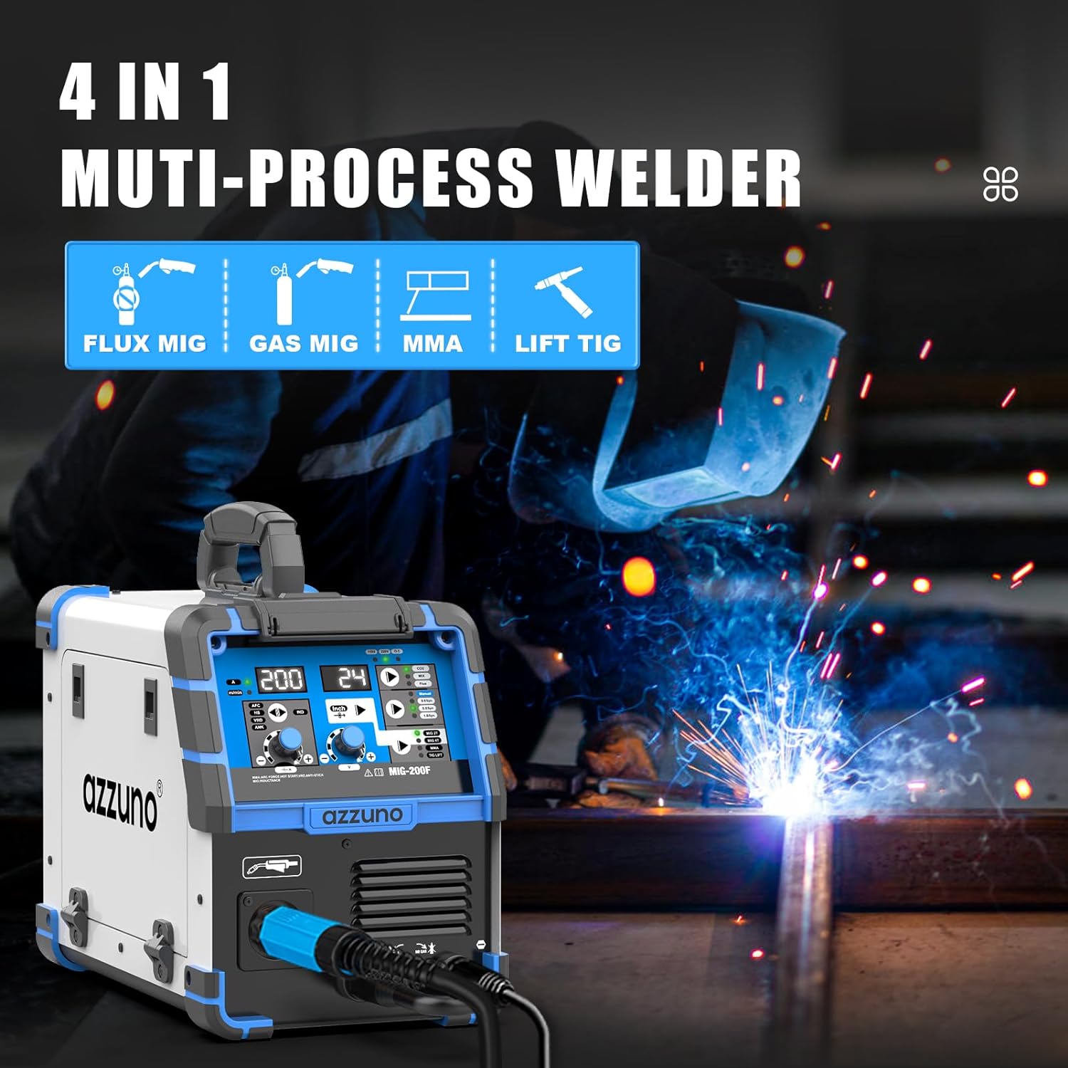 AZZUNO 200A MIG Welder 110V/220V Dual Voltage multiprocess welder Gas Gasless MIG Welding Machine