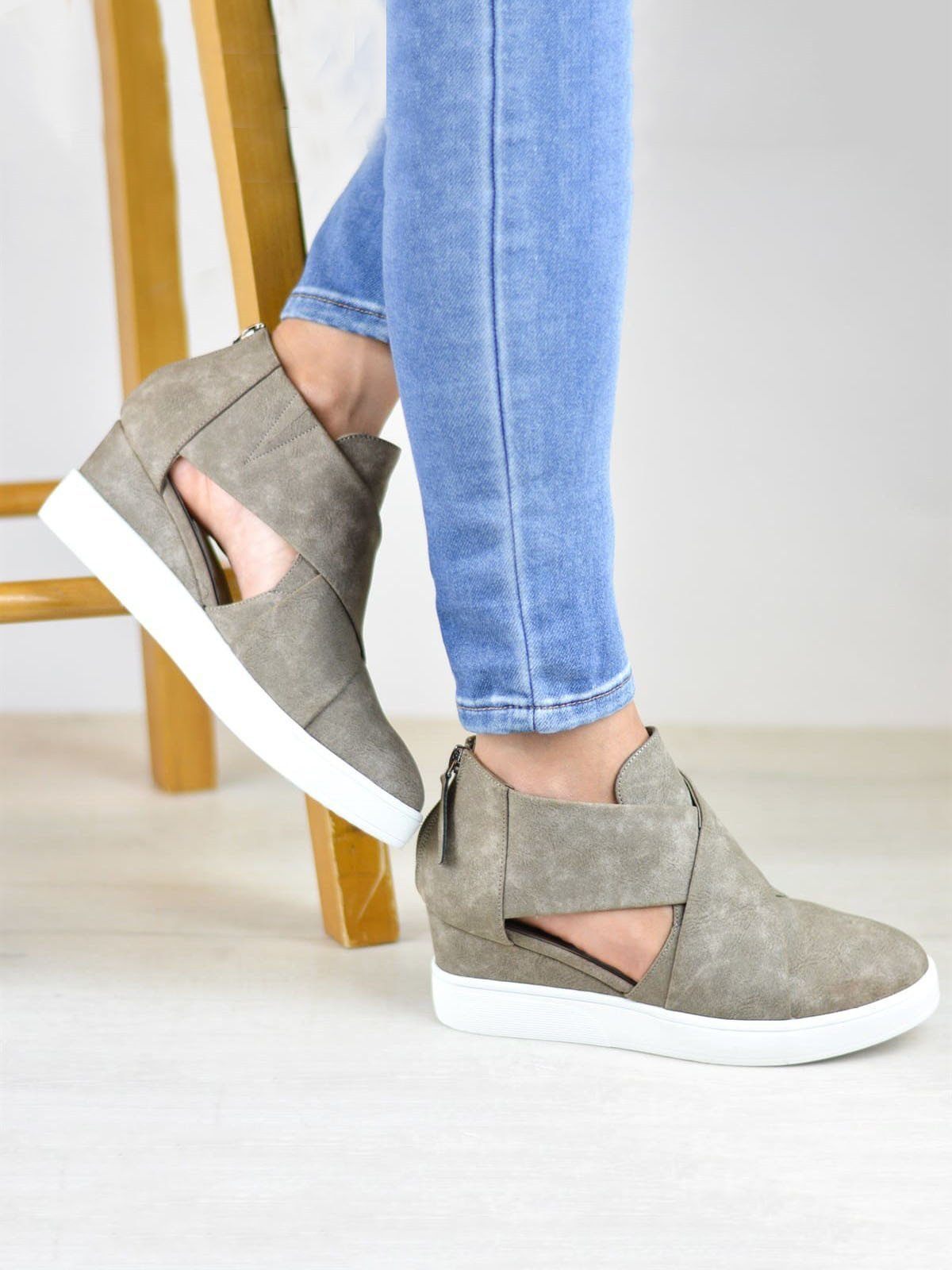 Women Spring Cut Out Ankle Boots Wedge Sneakers Plus Size Shoes