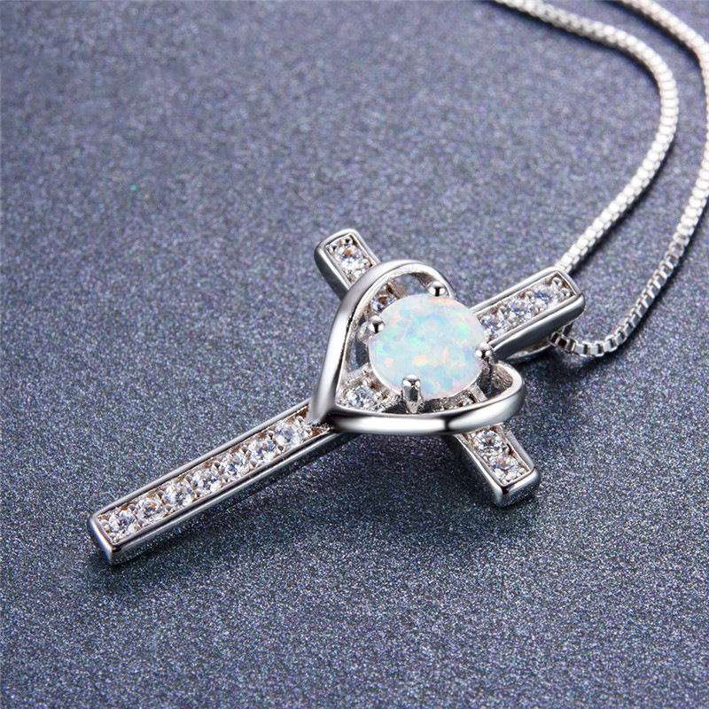 (⚡Last Day Flash Sale-50% OFF) 925 Sterling Silver opal Cross Heart Pendant Necklace-BUY 2 FREE SHIPPING