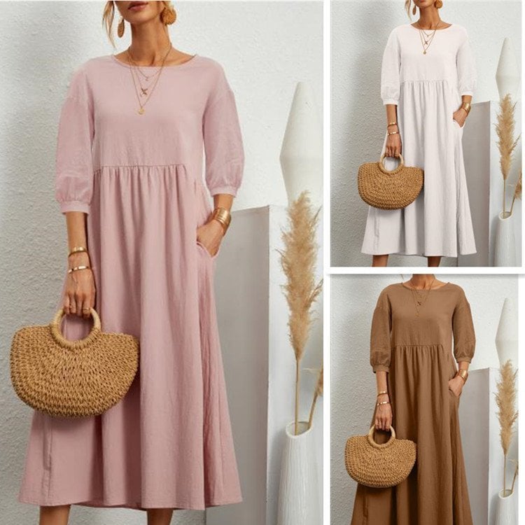 LAST DAY 50% OFF💝Women's Lantern Sleeve Cotton And Linen Summer Dress