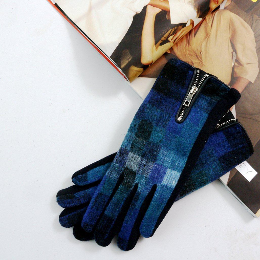 Merino Wool Check Gloves With Zip