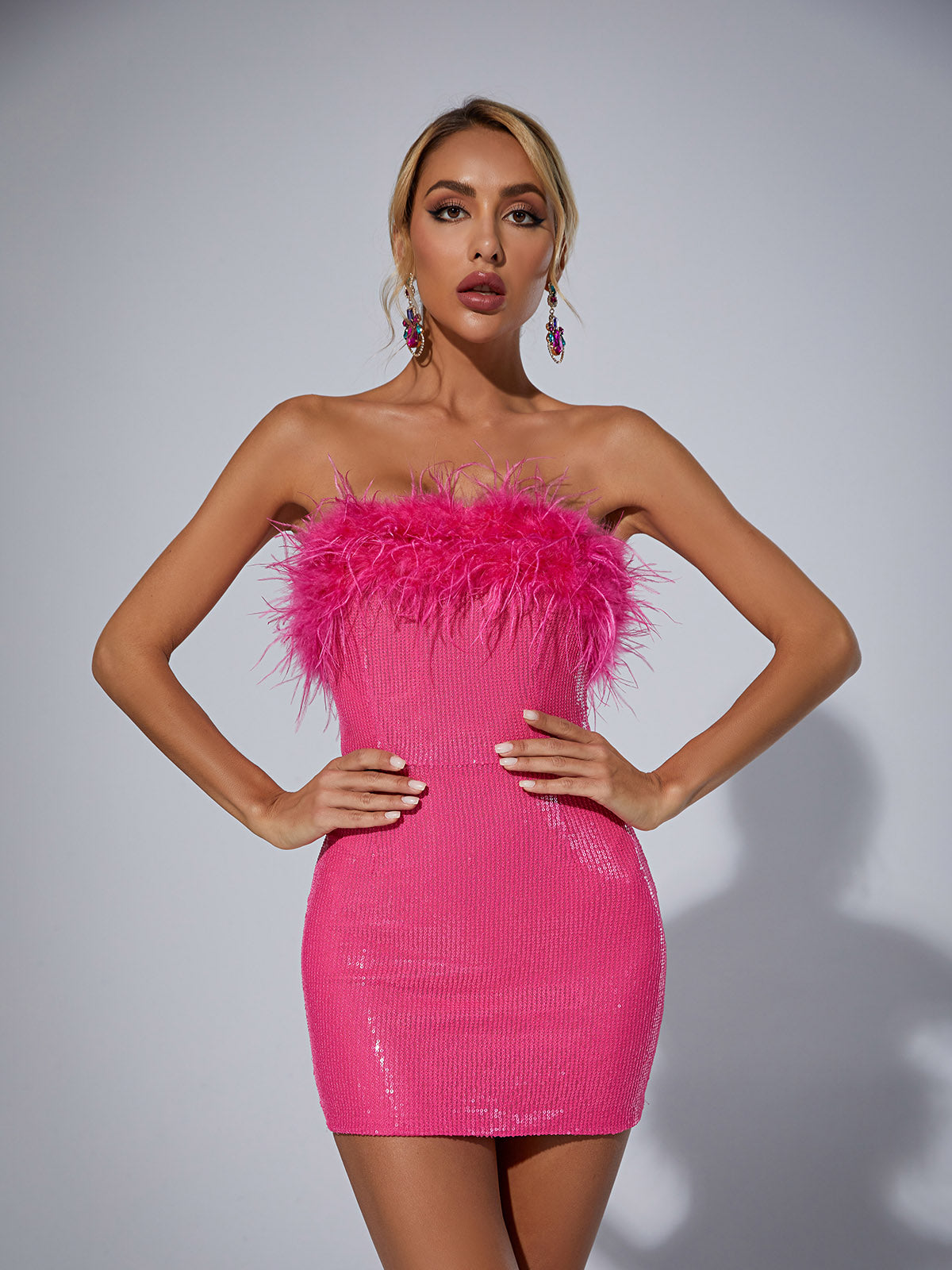 Marin Strapless Feather Sequin Mini Dress In Hot Pink