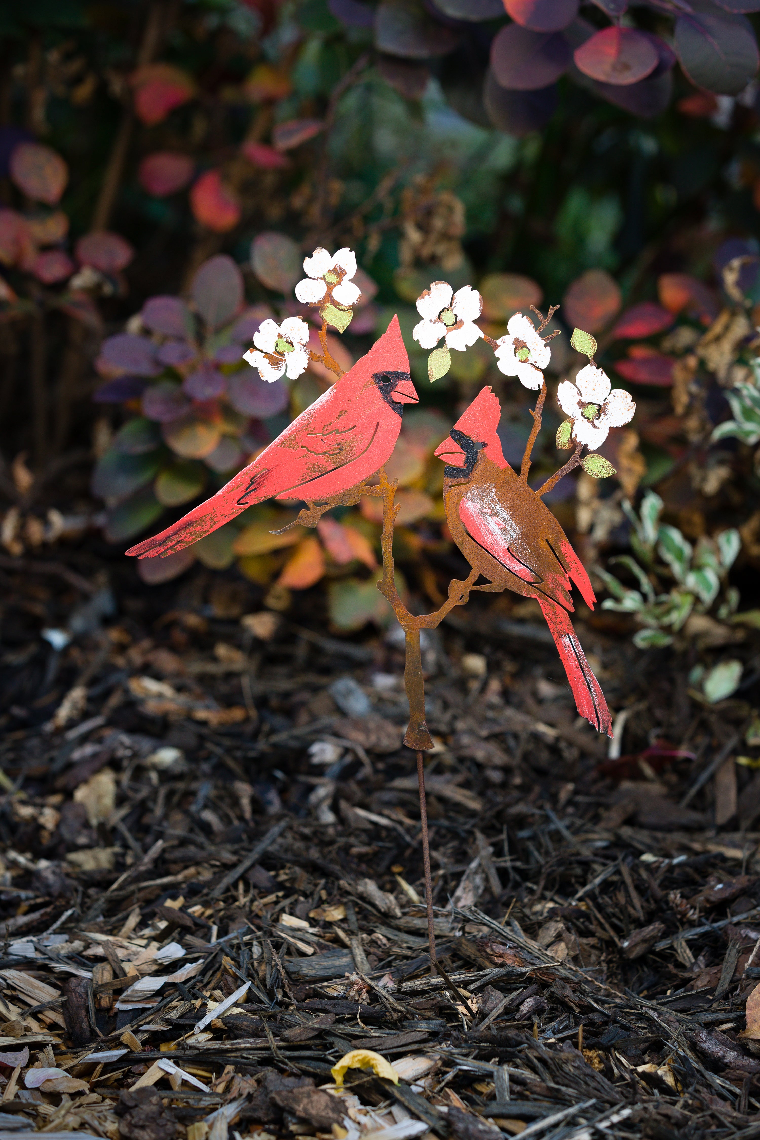 Cardinals On Dogwood Stake - Painted