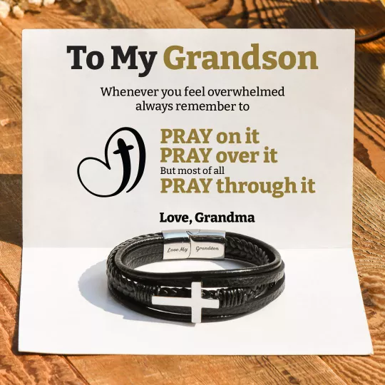 To My Grandson Pray Through It Leather Cross Bracelet