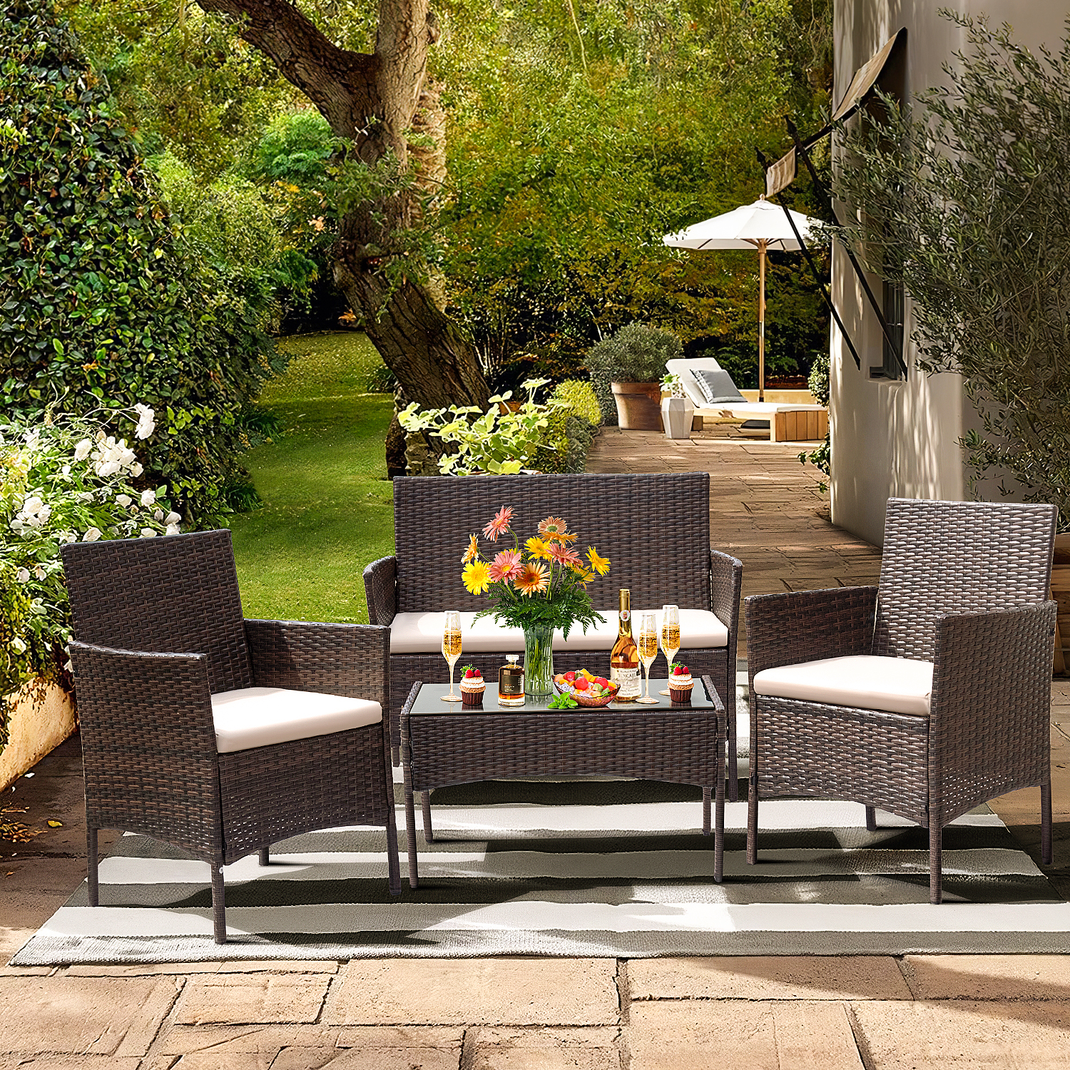 Lacoo 4 Pieces Patio Conversation Set Outdoor PE Rattan Wicker Chairs Set and Table