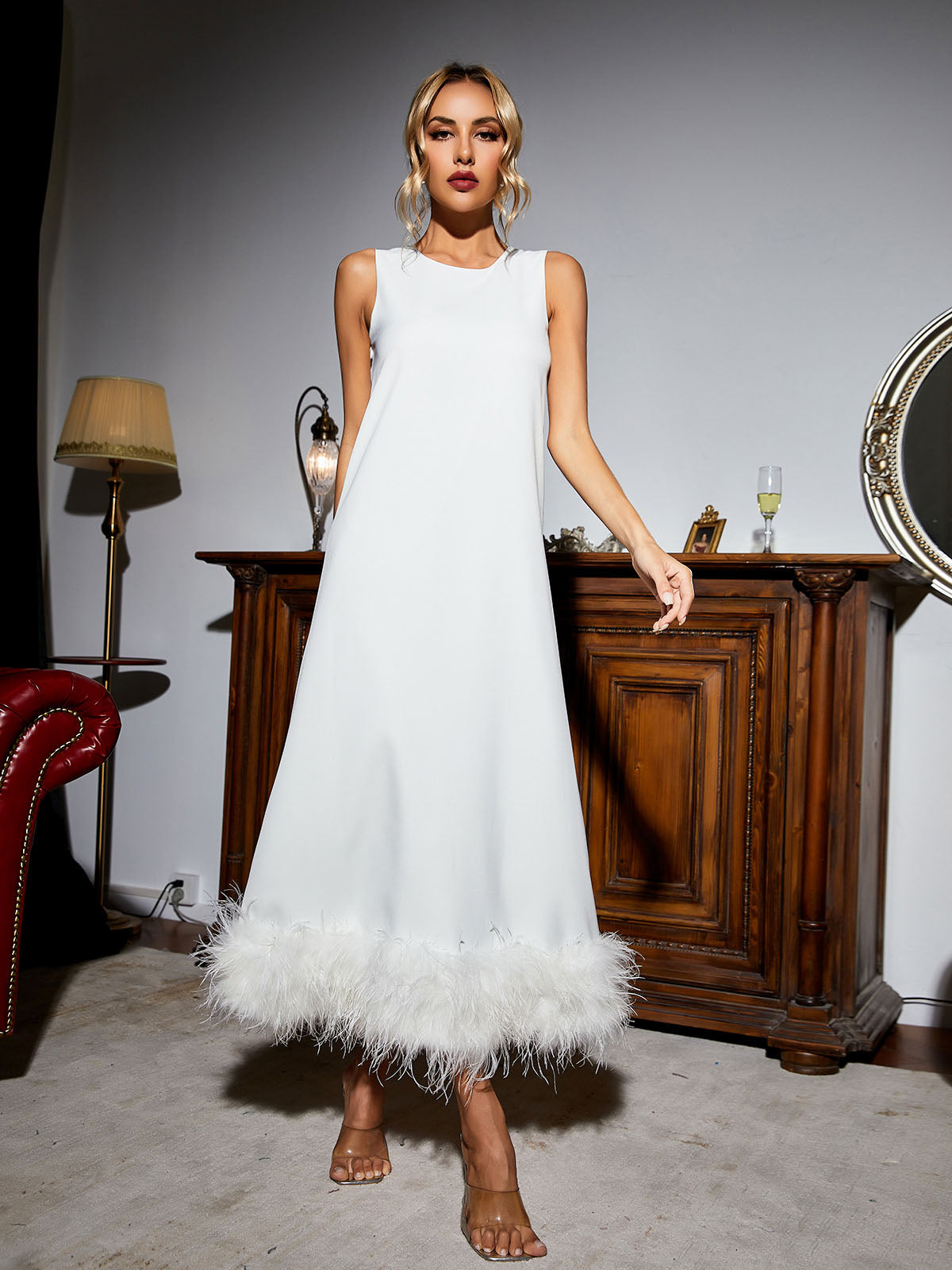 Nisha Feather Midi Dress In White