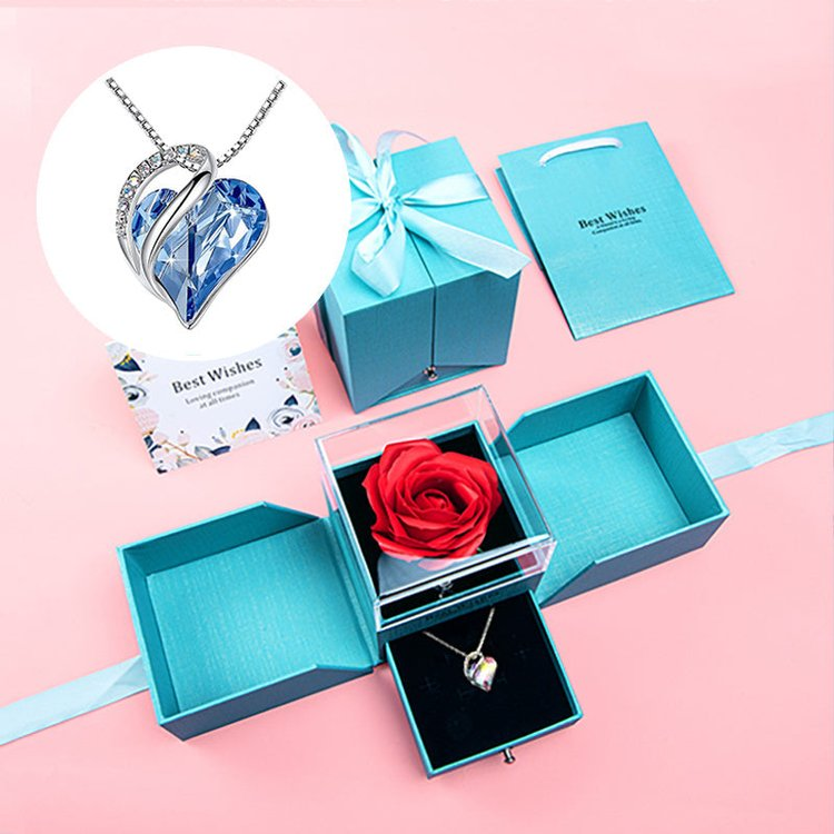 Morshiny Rainbow Crystal Heart Necklace With Rose Box