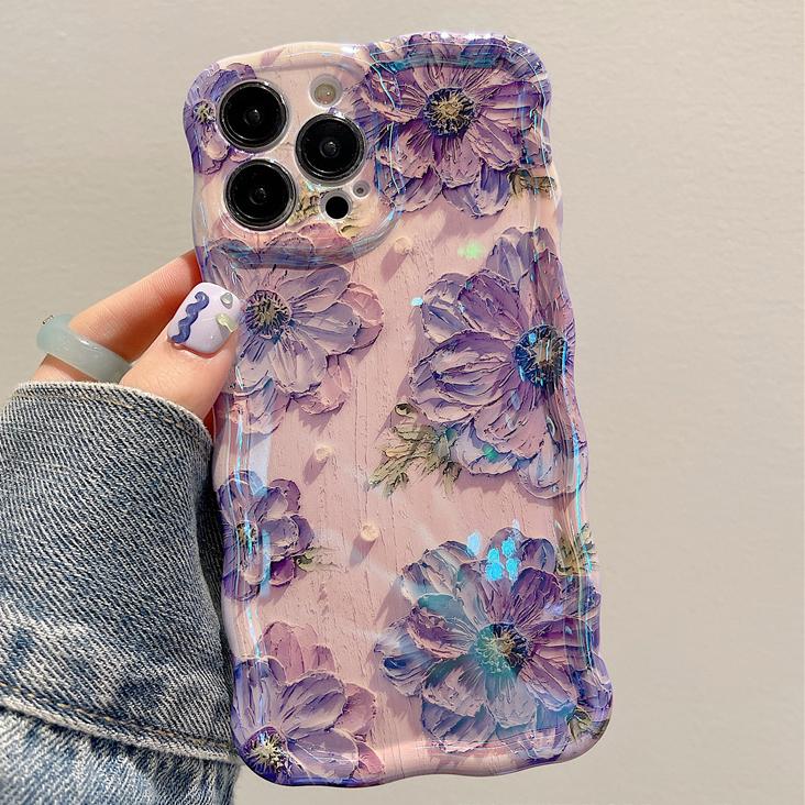 For iPhone Purple Flower Oil Painting Exquisite Phone Case