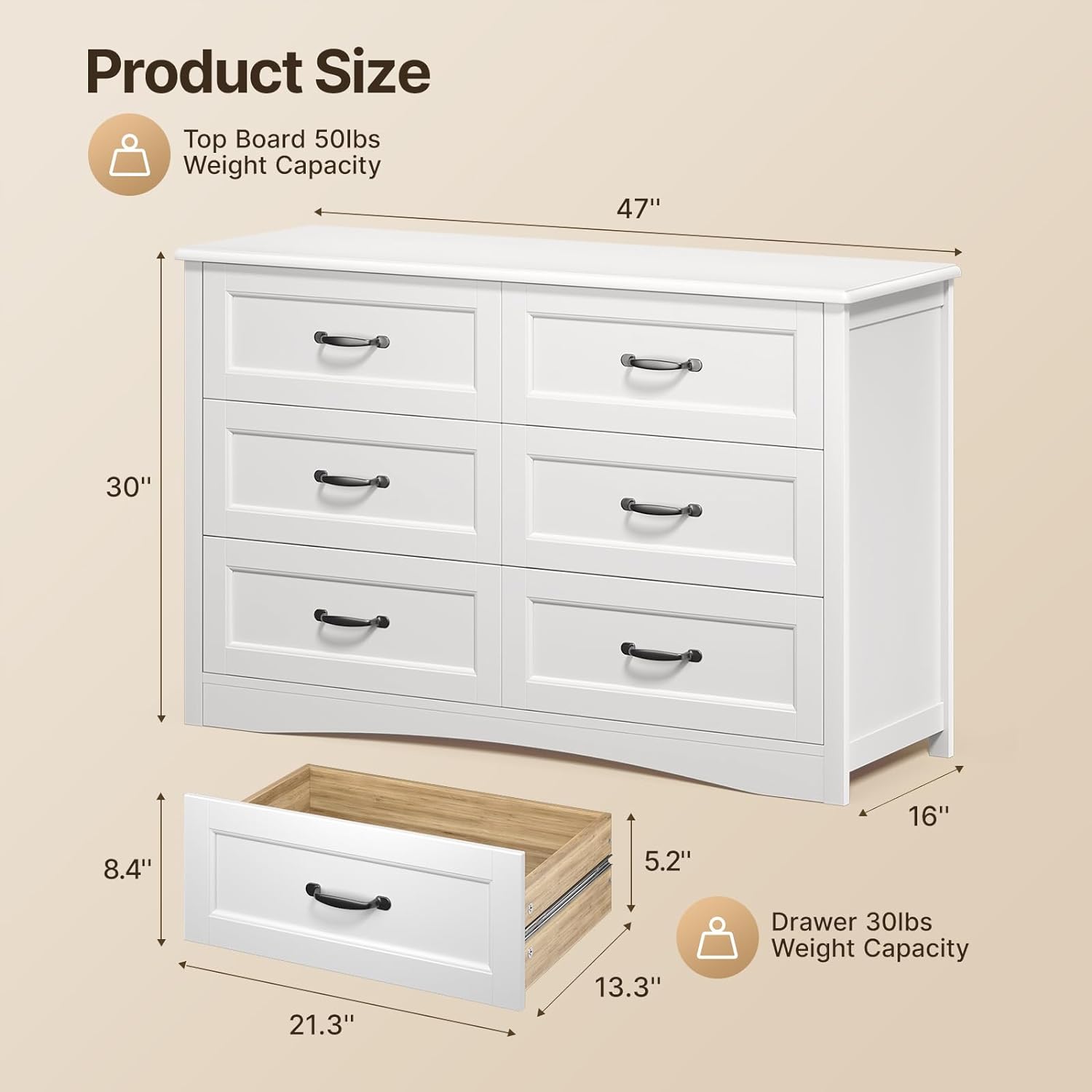 Gizoon 6 Drawer Dresser for Bedroom White Dressers Chests of Drawers with Mental Handle