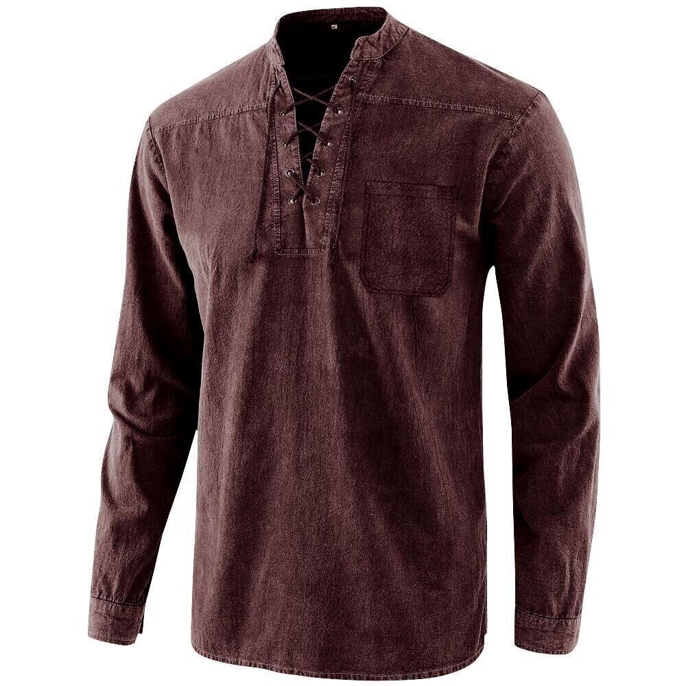 2022 Men's Retro T-shirt Pocket Tie V-neck Denim Long Sleeve T-Shirt Loose Top