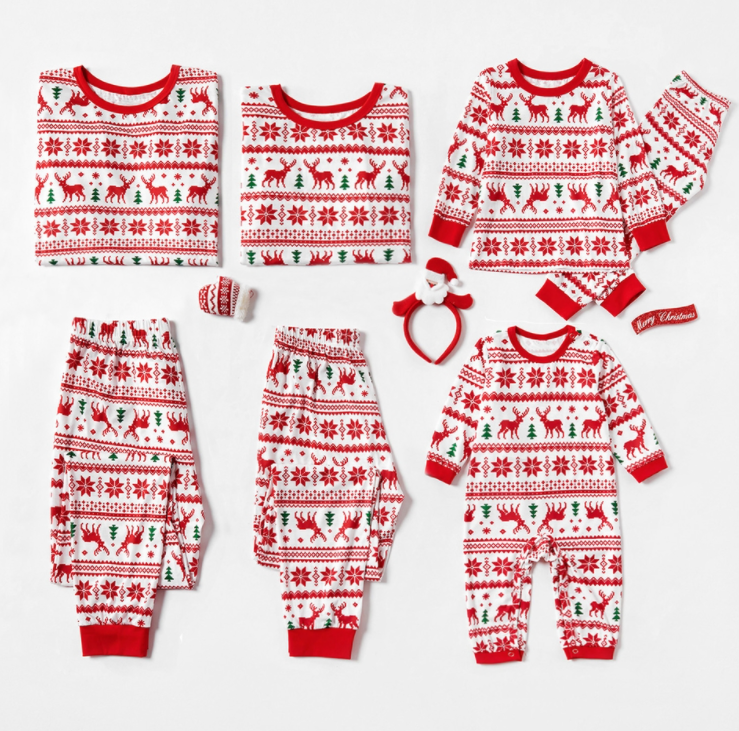 Christmas Family Matching Sleepwear Pajamas Sets Red Deers Trees Printing Stripes Sets