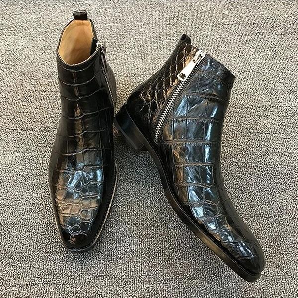 Chicinskates Men's Square Toe Low Heel Stone Pattern Boots