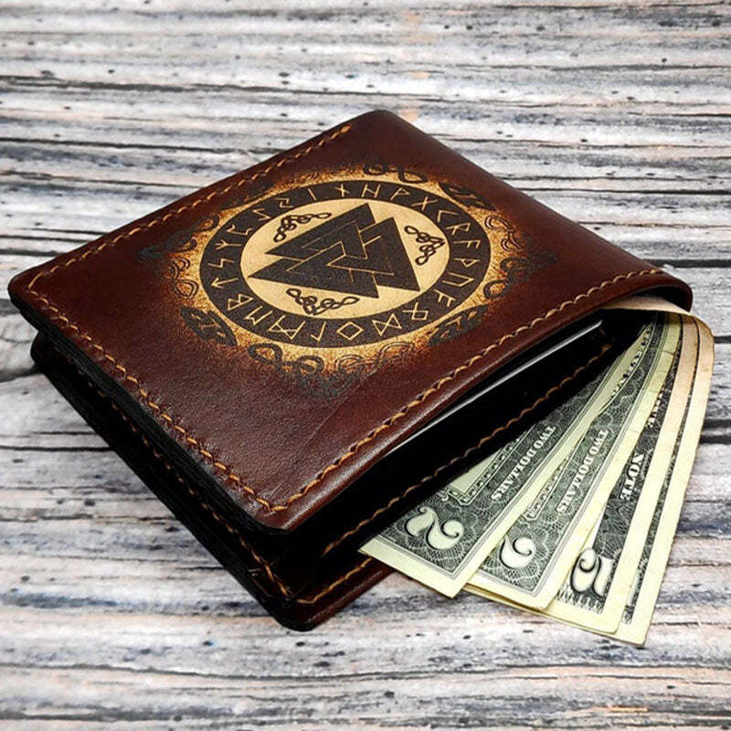 Valknut Viking Symbol Wallet for Men Leather Bifold Handmade Norse Wallet