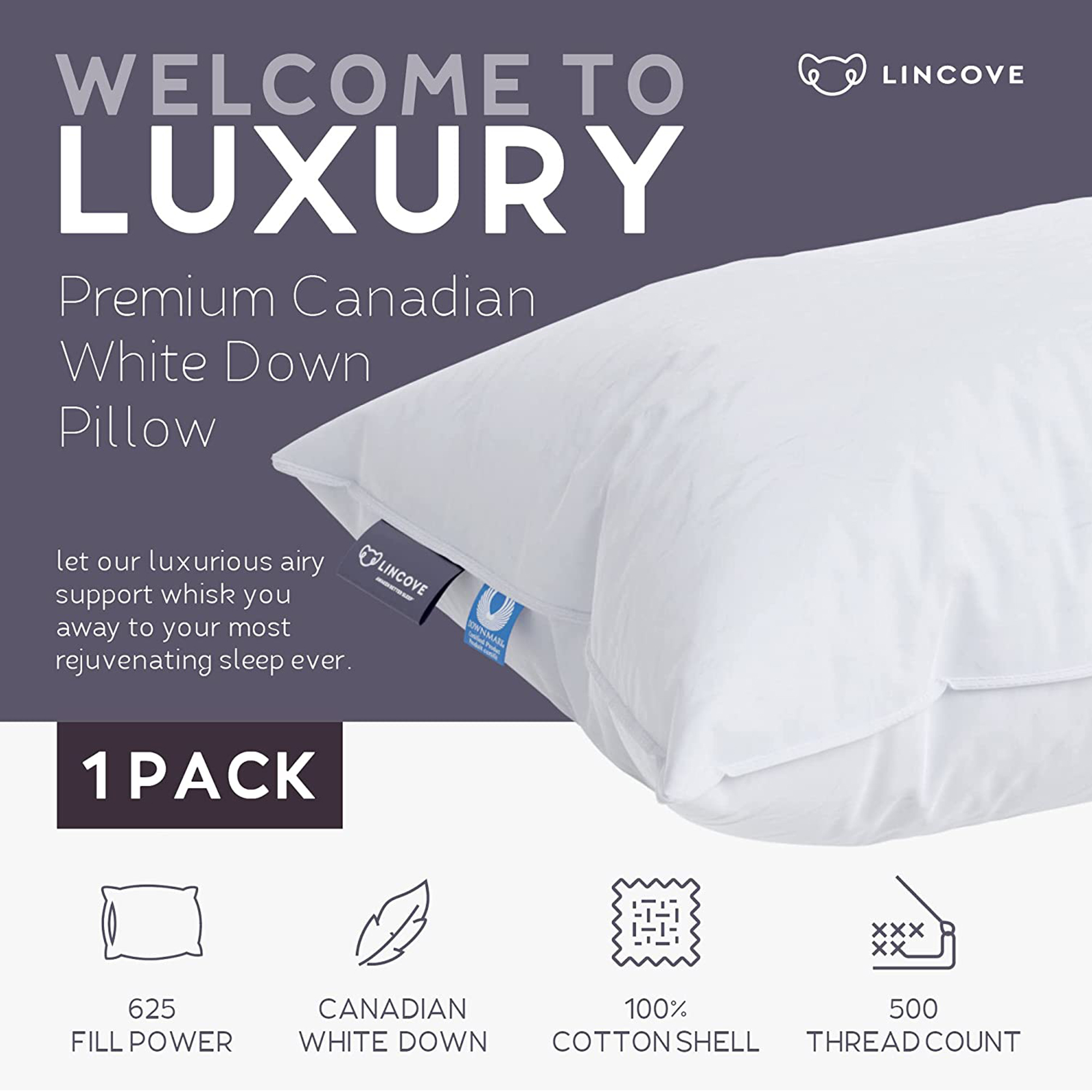 Lincove Cloud Canadian White Down Luxury Pillow Comfortable Pillows