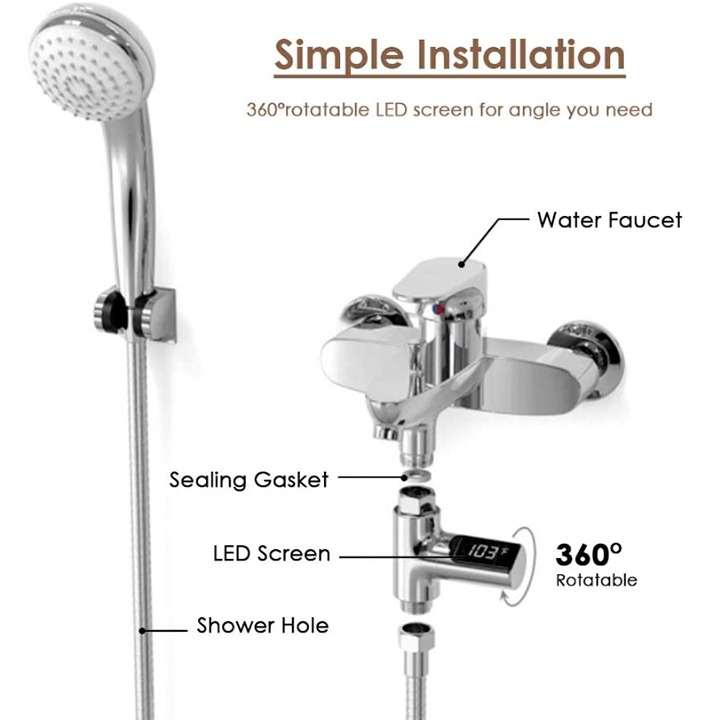 LED Digital Water Shower Thermometer - 360° Rotatable LED Display & Self-Generating Faucet Shower Kit