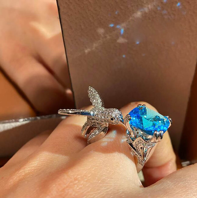 Blue diamond hummingbird openign ring Green oval Luxury elegant adjust index finger ring animals jewelry for women