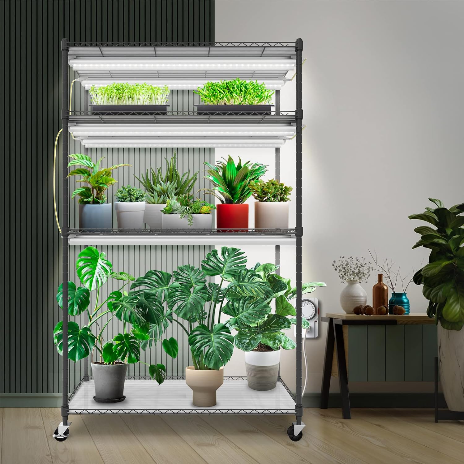 Barrina Mini Greenhouse with LED Grow Light 4-Tier Portable Metal Plant Stand with Wheels