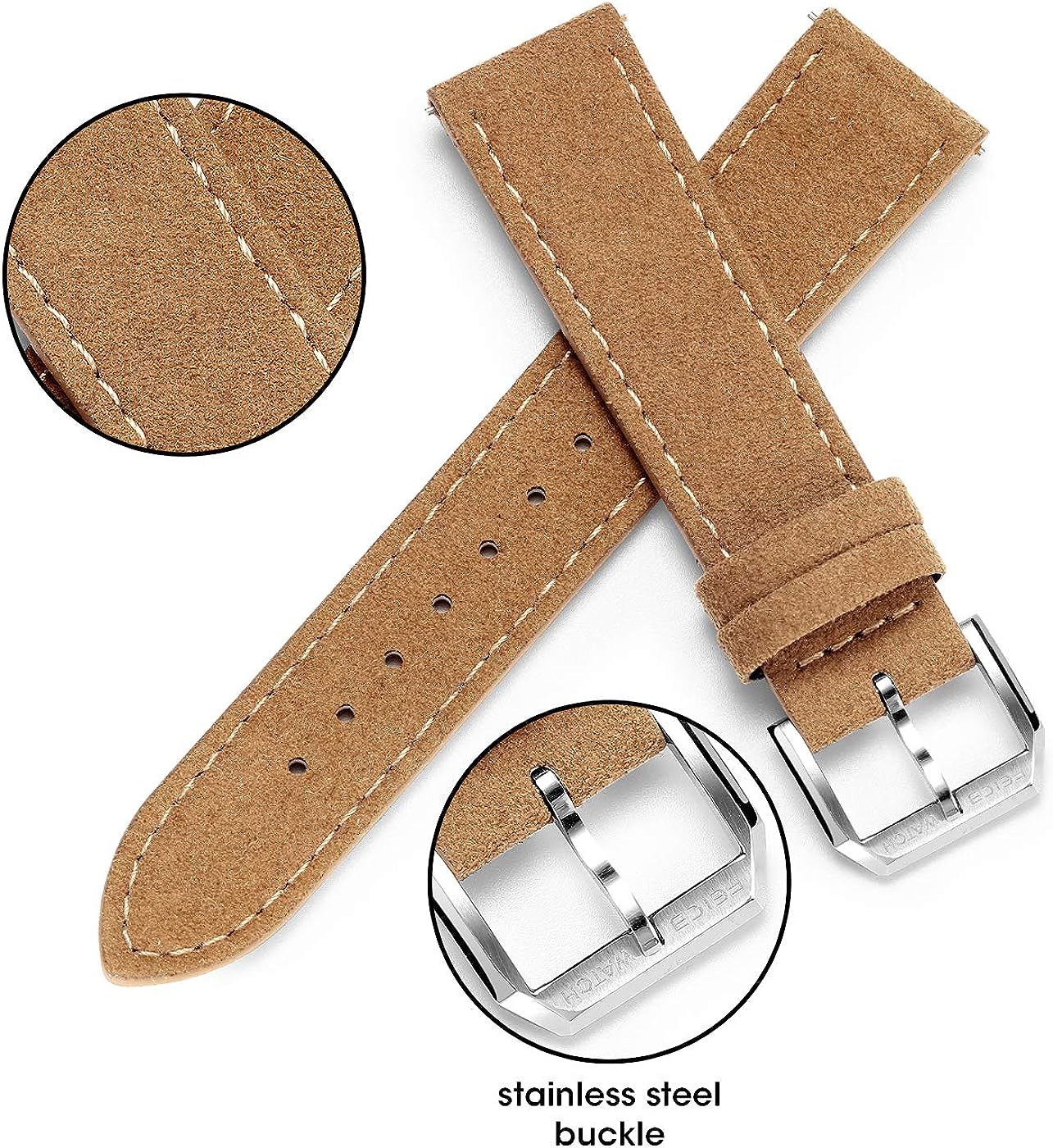 FEICE Brown Genuine Leather Watch Band Calfskin Watch Strap for Men -20mm