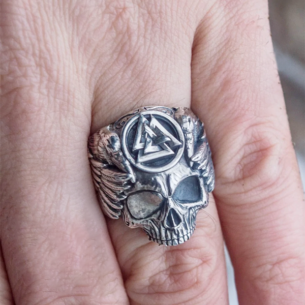 Odin and the Raven Skull Sterling Silver Ring