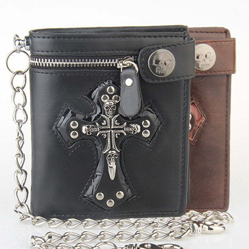Mens Gothic Skull Cross Leather Punk Wallet with Long Metal Chain