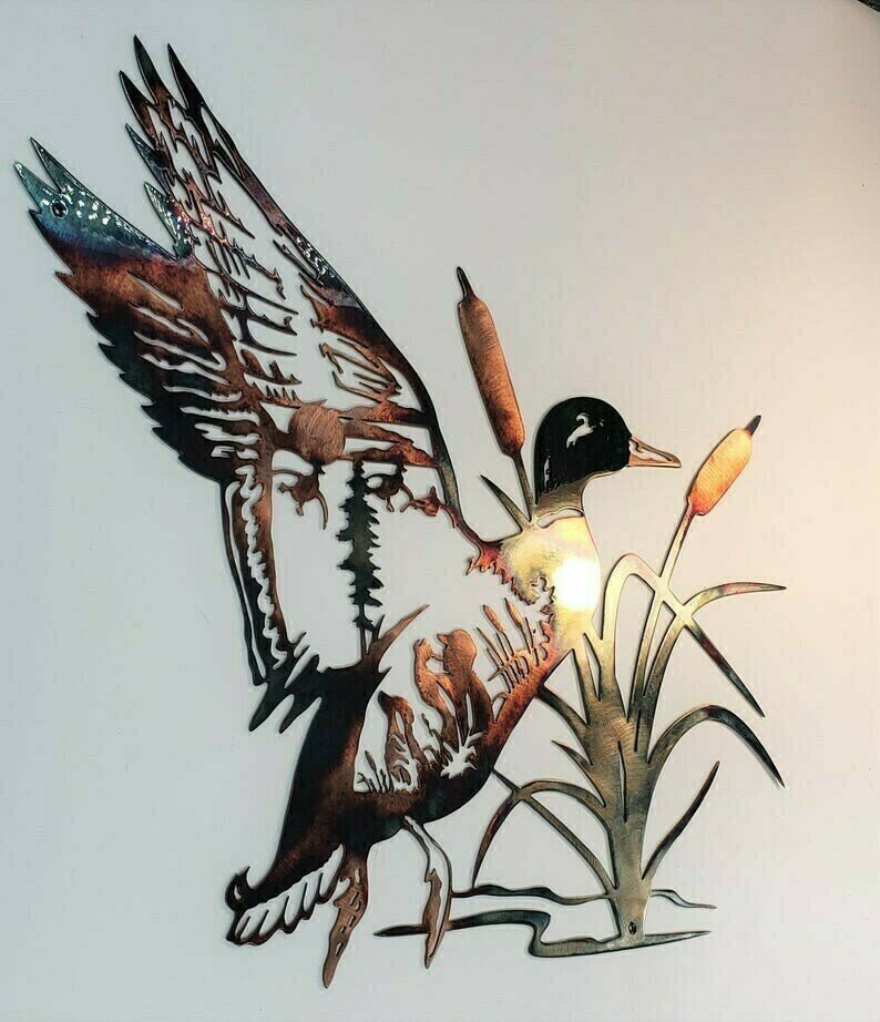 Solo Mallard Hunting & Trout Fishing Scene Metal Wall Art