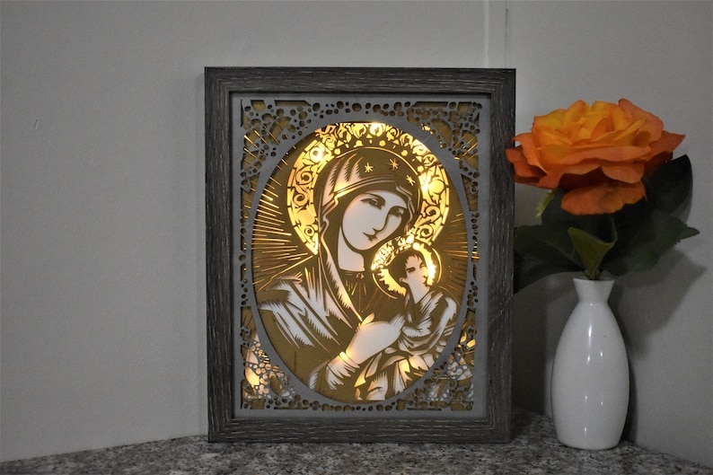 Catholic Gift, The Blessed Virgin Mary Light Box, Greek Orthodox Mary and Child, Christian Christmas Gift, Gift for Mom, Gift for Priest