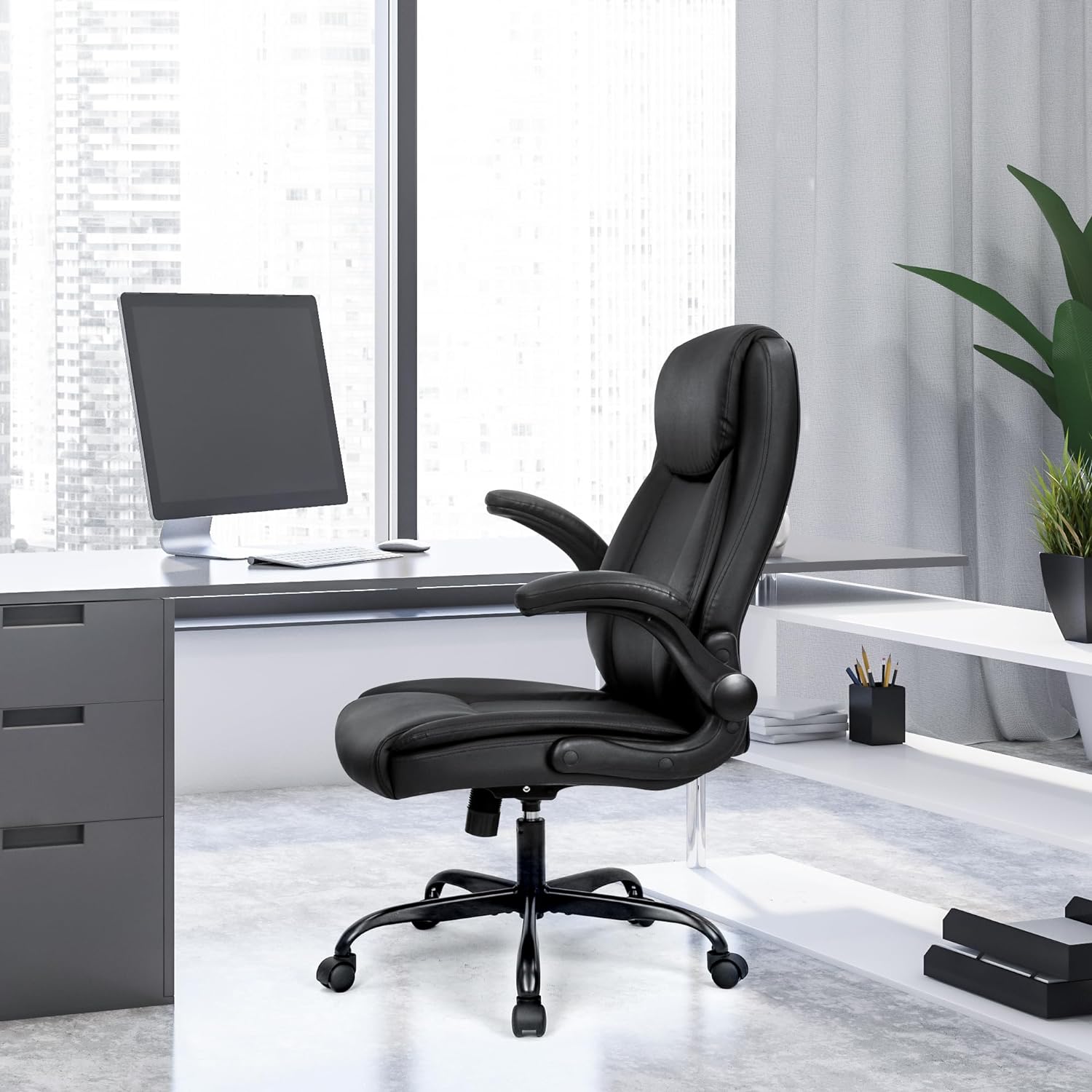 NEO CHAIR Ergonomic Office Chair PU Leather Executive Padded Flip Up Armrest Computer Chair