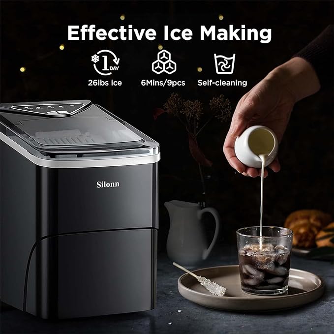 Silonn Ice Maker Countertop 9 Cubes Ready in 6 Mins 26lbs in 24Hrs