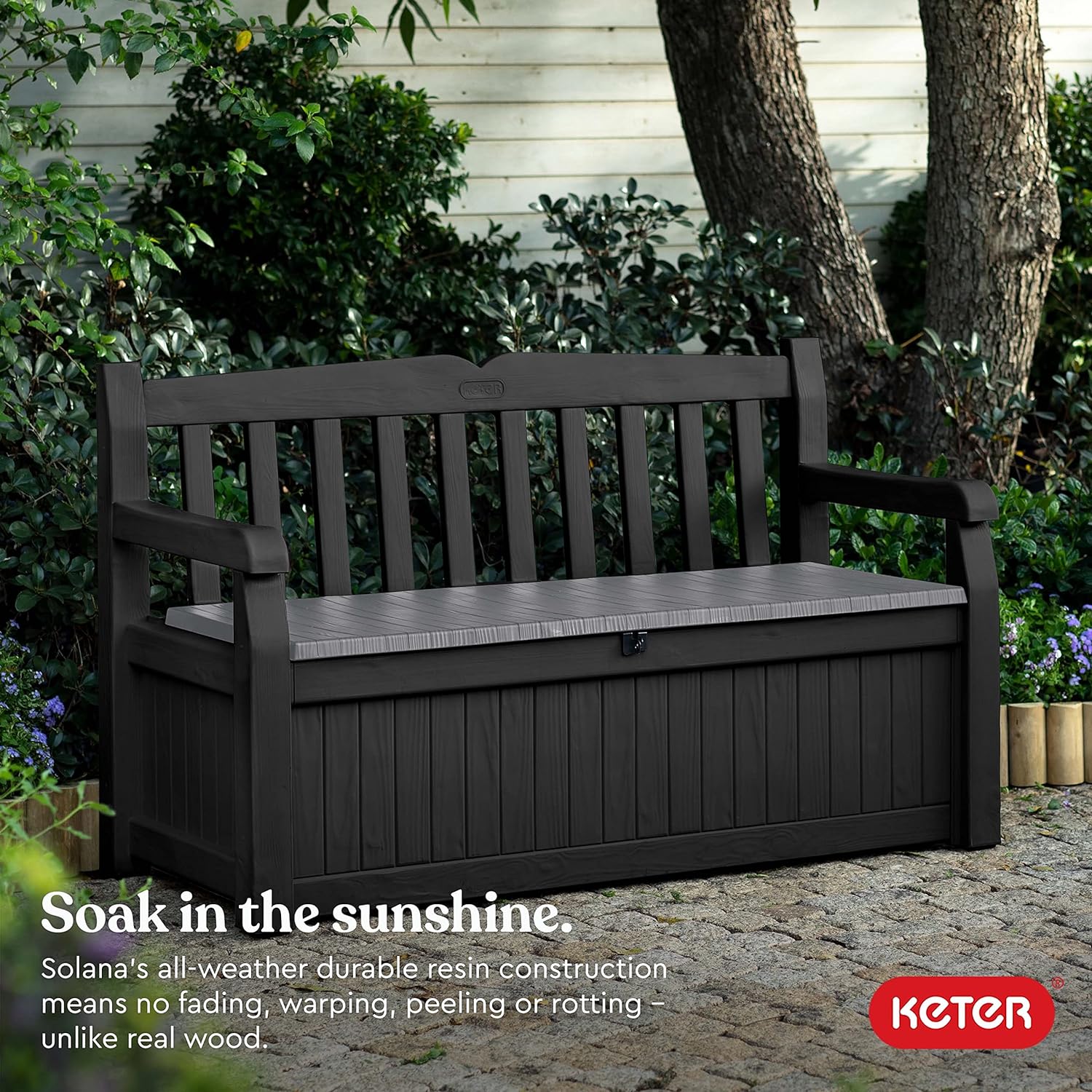 Keter Solana 70 Gallon Storage Bench Deck Box for Patio Furniture