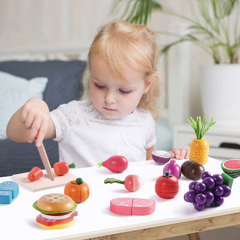 Cutting Play Food Toy for Kids Kitchen Set,Pretend Cooking Fruit &Vegetables&Fast Food