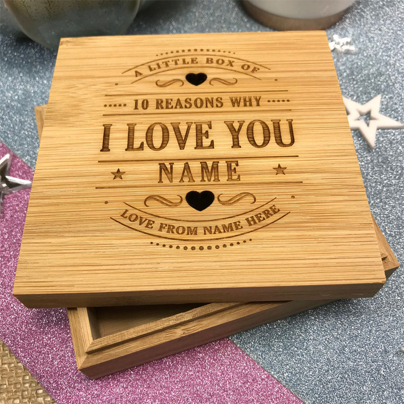 Personalized 10 Reasons Why I Love You Bamboo Box and Hearts