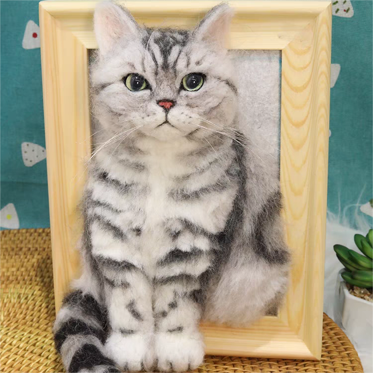 Seated Felt Cat Sculpture in Frame