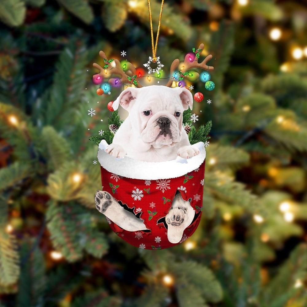 WHITE English Bulldog In Snow Pocket Ornament