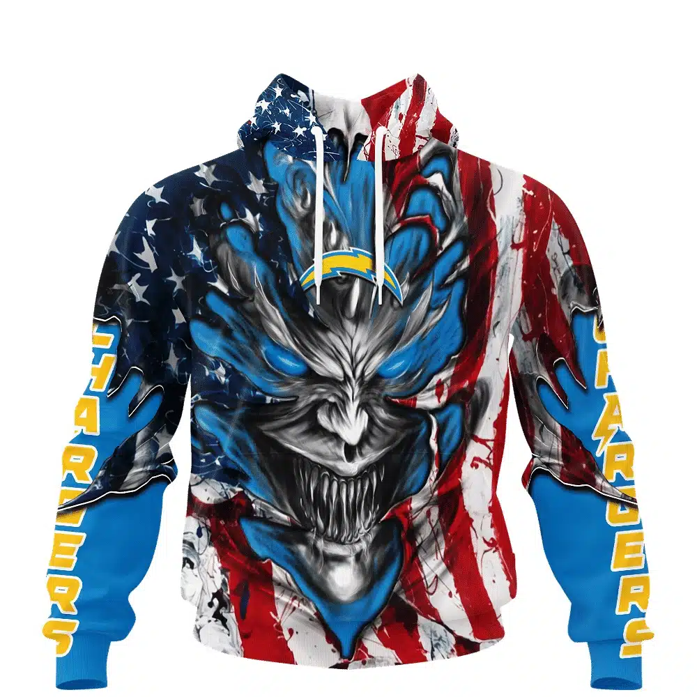 LOS ANGELES CHARGERS DEMON FACE AMERICAN FLAG-3D UNISEX HOODIE