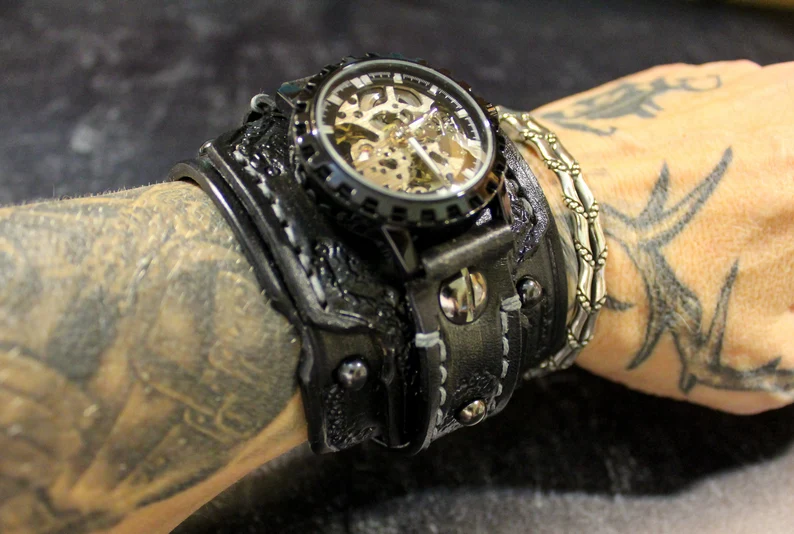 Men's Steampunk Leather Cuff Watch