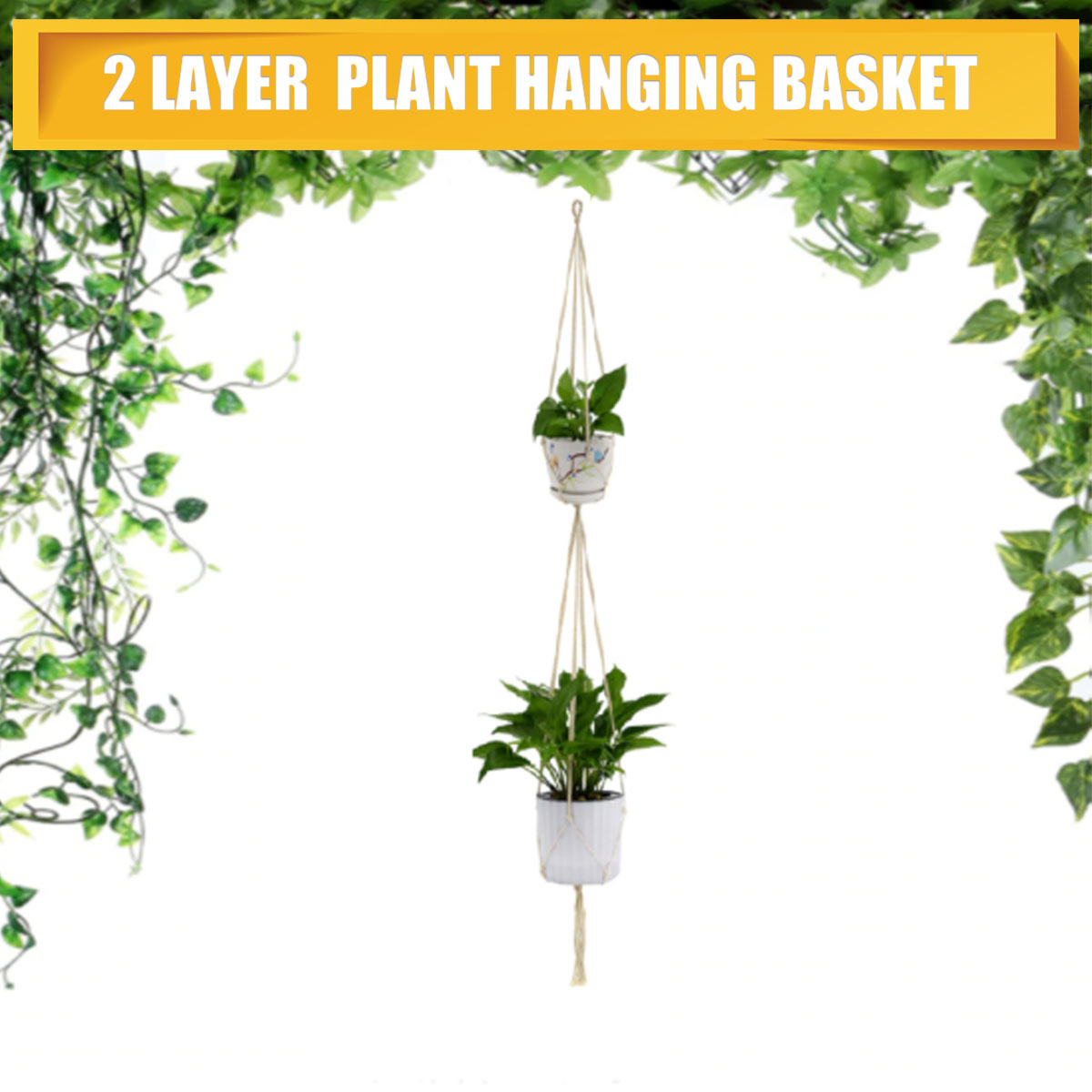 2PCS 2 Layer Macrame Plant Hanger Garden Indoor Hanging Planter Basket Rope