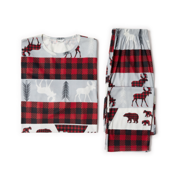 Family Matching Bear and Reindeer Print Plaid Christmas Pajamas Sets (Flame Resistant)