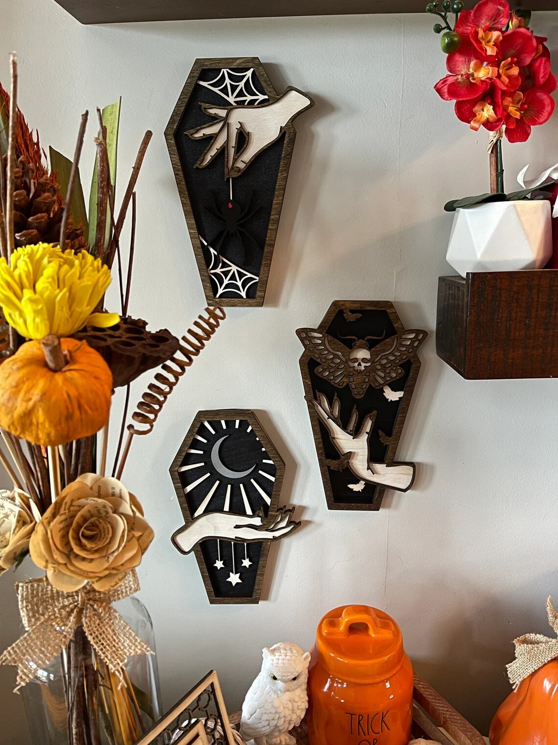 You choose witch hand wooden coffin decor